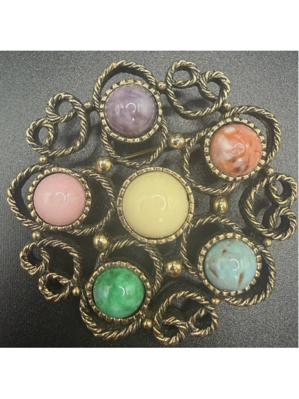 Vintage Sarah Coventry Brooch SARAH Signed Multicolor Cabochon Gold Tone Pin